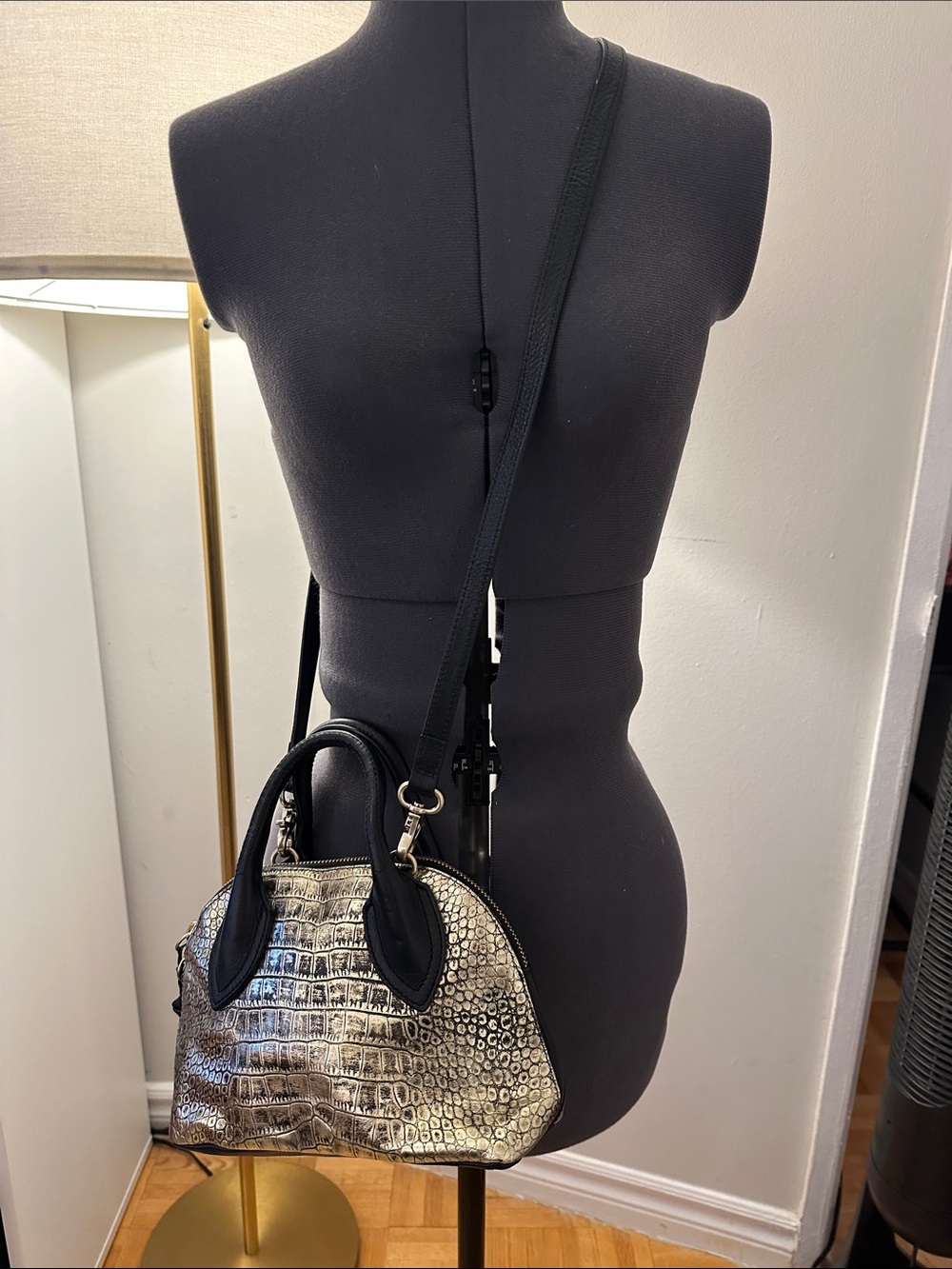 Foly+Carina Metallic Croc-Embossed Dome Satchel with original dust bag